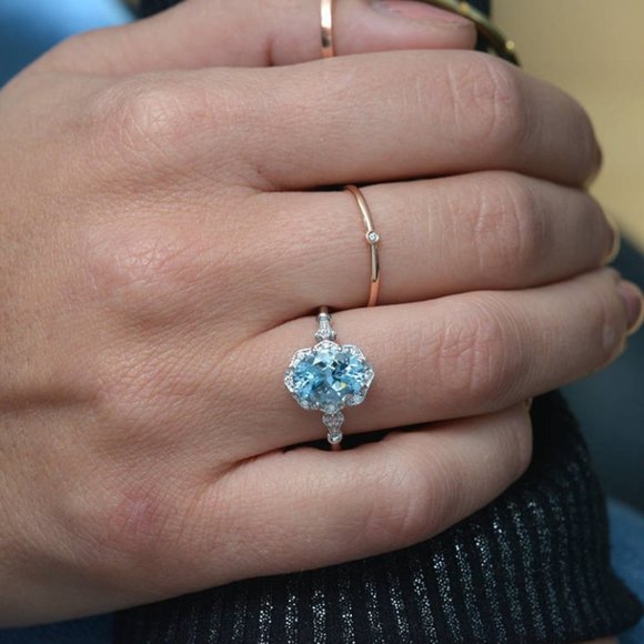 *NEW 925 Sterling Silver Aquamarine Diamond Ring - Picture 3 of 7